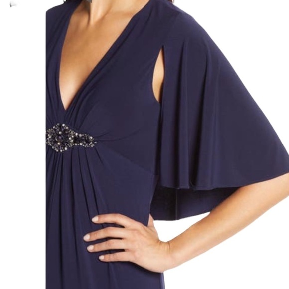 NWT Eliza J Navy Blue Embellished Cape Maxi Gown - Picture 3 of 16